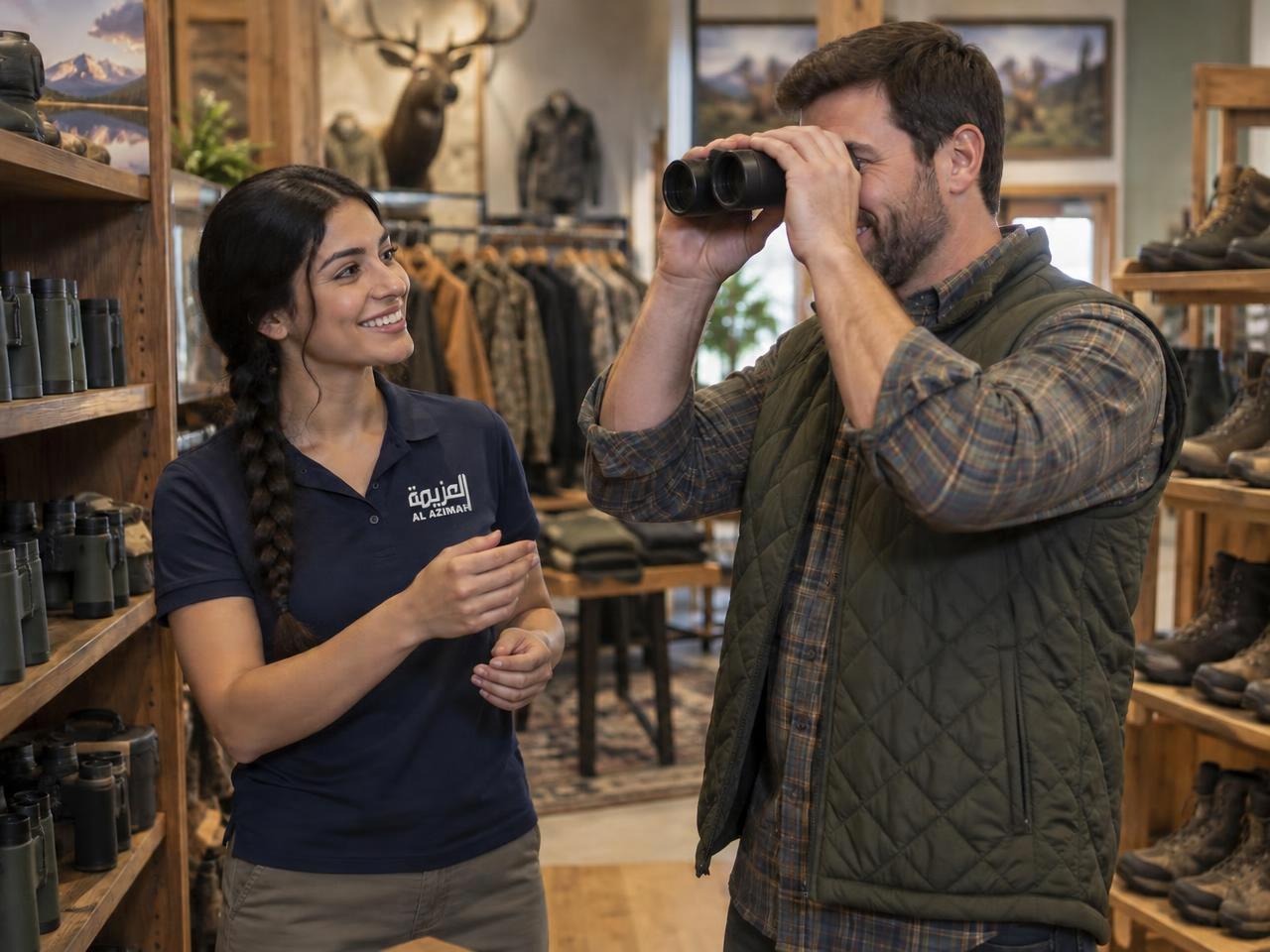 Sales associate advising a customer on binoculars